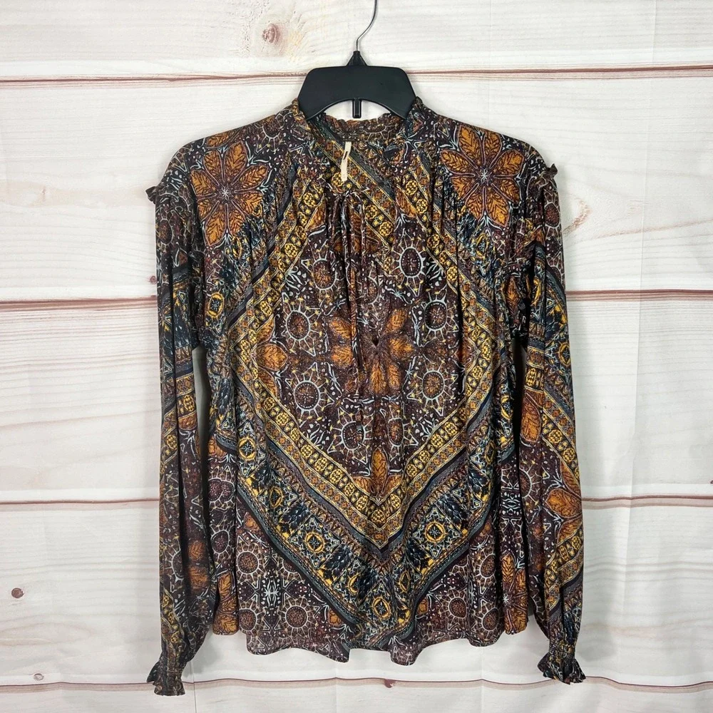 Free People Top Womens XS Little Runaway Blouse Multicolor Tie Neck Boho Peasant